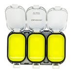 Three-section fishing lure box with yellow compartments and clear lids on a white background