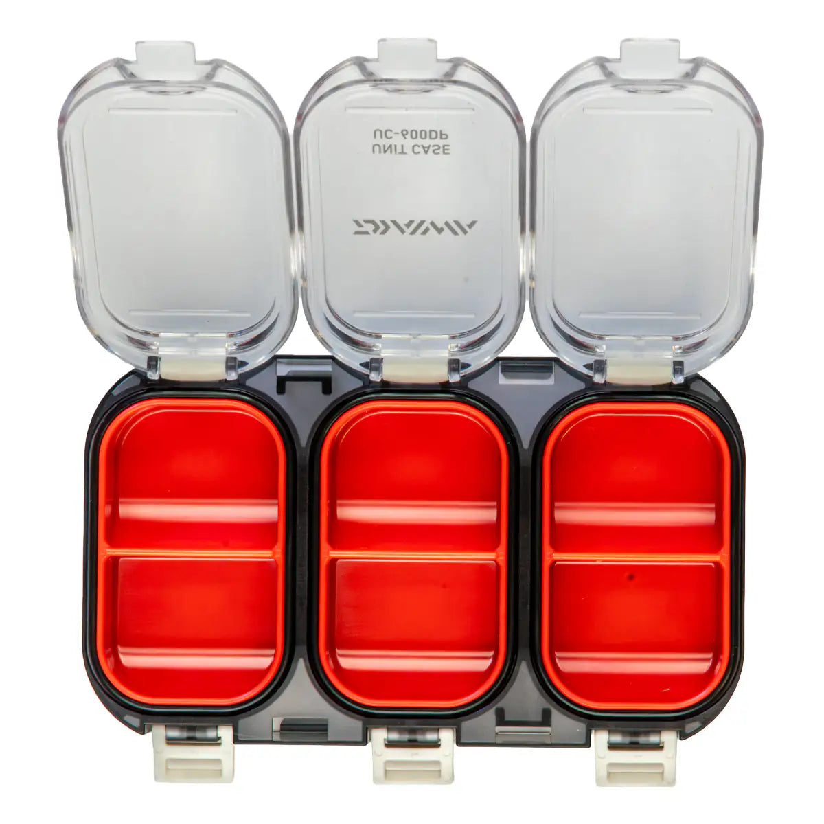 Three-section fishing tackle box with red compartments and clear lids on a white background