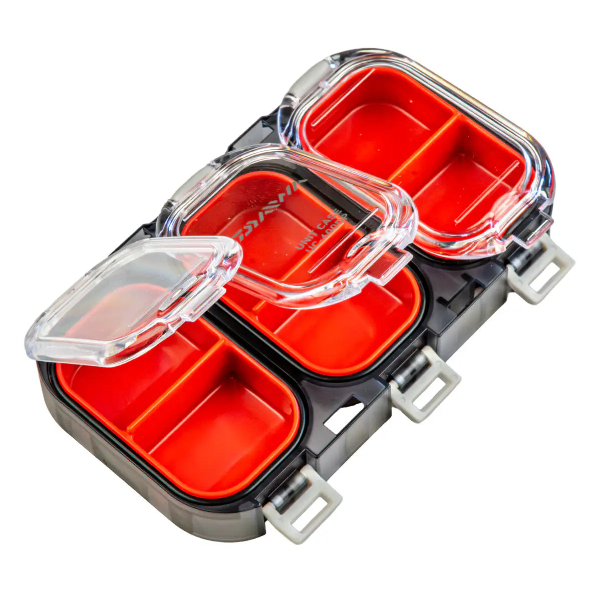 Red and clear compartmentalized container with a white background