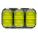 Three-compartment fishing lure case with yellow compartments on a white background