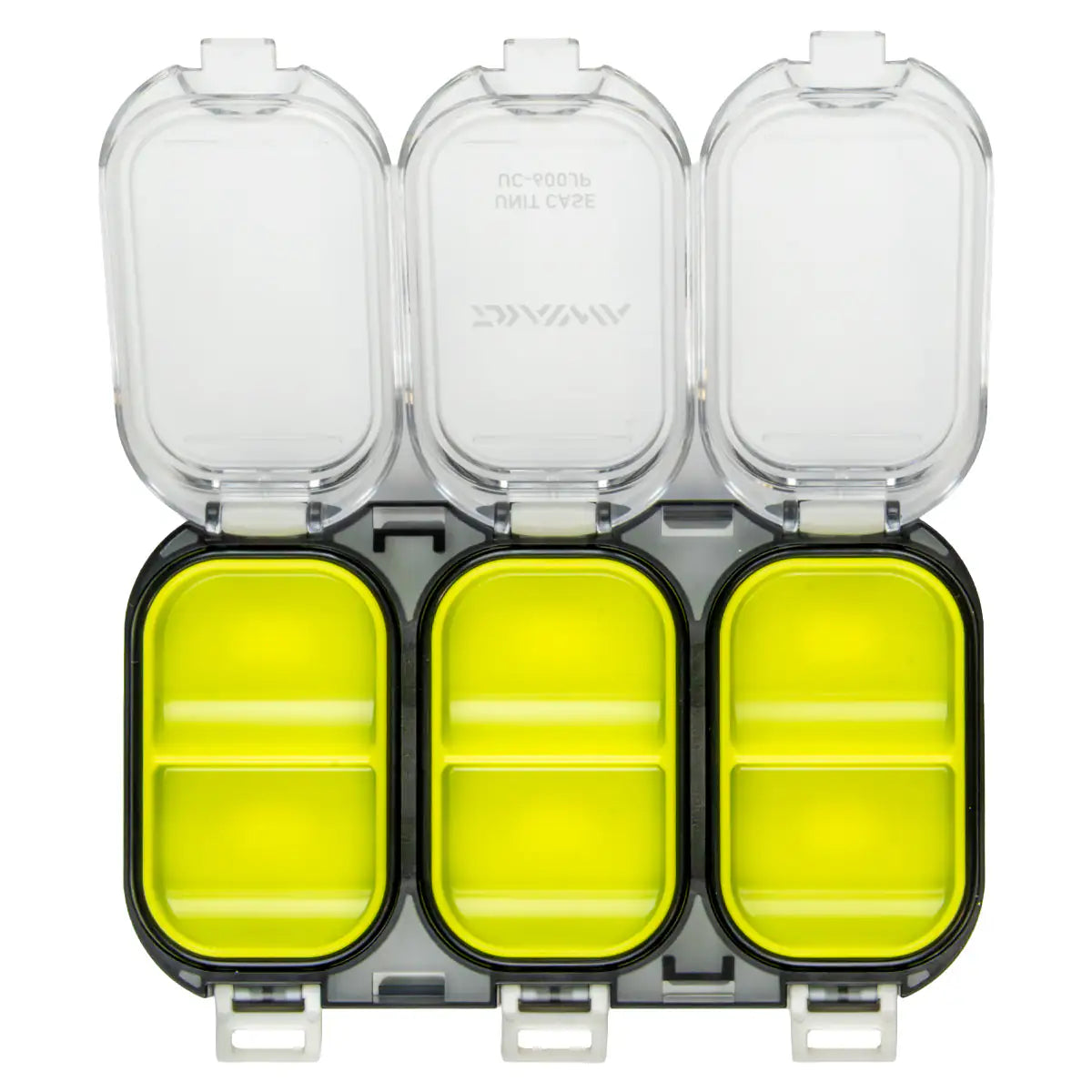 Clear fishing tackle box with yellow compartments on a white background