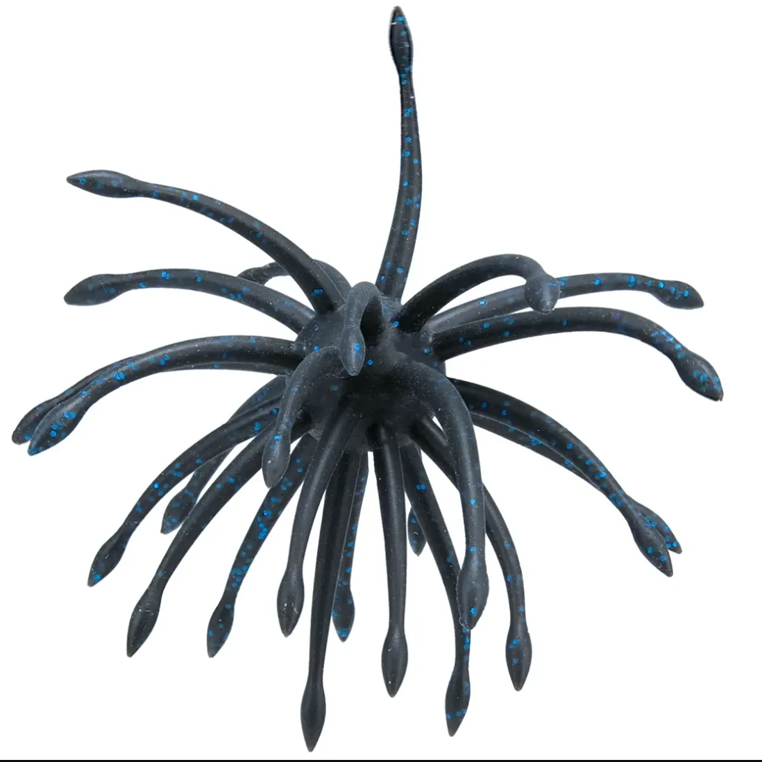 A dark gray, multi-armed creature lure with blue speckles, resembling a stylized sea monster or tentacleed creature, isolated on a white background.