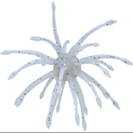 A translucent white plastic fishing lure with multiple long, slender tentacles and small black glitter flecks, isolated on a solid white background.