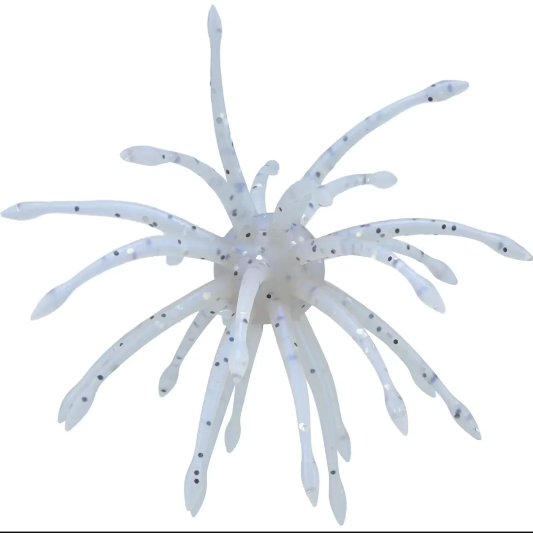 A translucent white plastic fishing lure with multiple long, slender tentacles and small black glitter flecks, isolated on a solid white background.