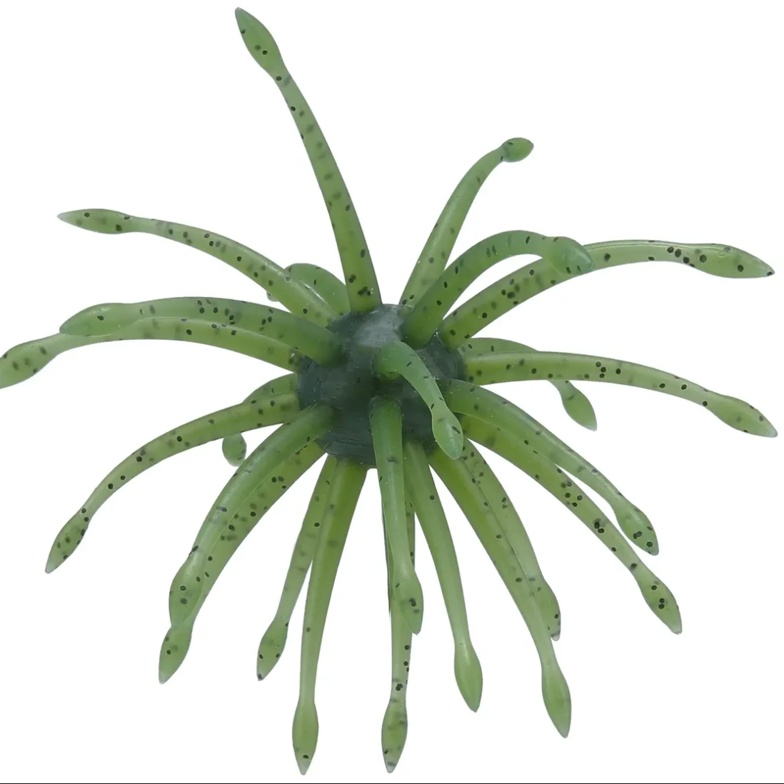 A green artificial sea anemone fishing lure with multiple translucent arms and small dark speckles, shown on a plain white background.