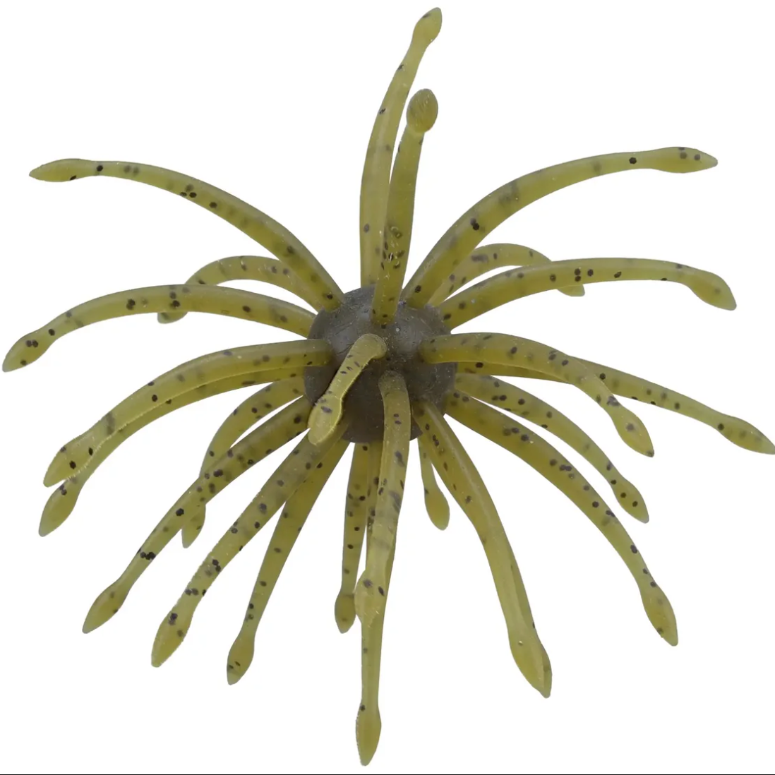 A yellow-green anemone-shaped fishing lure piece with multiple translucent tentacles and small dark speckles, isolated on a white background.