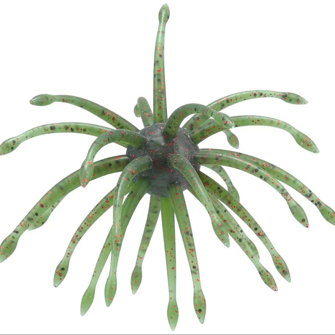 A green plastic soft plastic lure sea anemone with multiple tentacles speckled with small red and black dots, isolated on a white background.