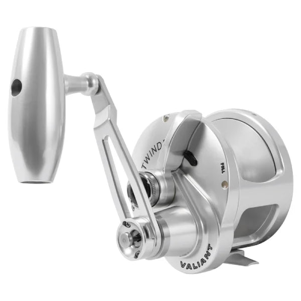 Accurate Valiant reel silver in color on a white background