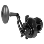 Black fishing reel on a white background