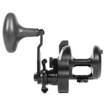 Fishing reel with a black handle on a white background