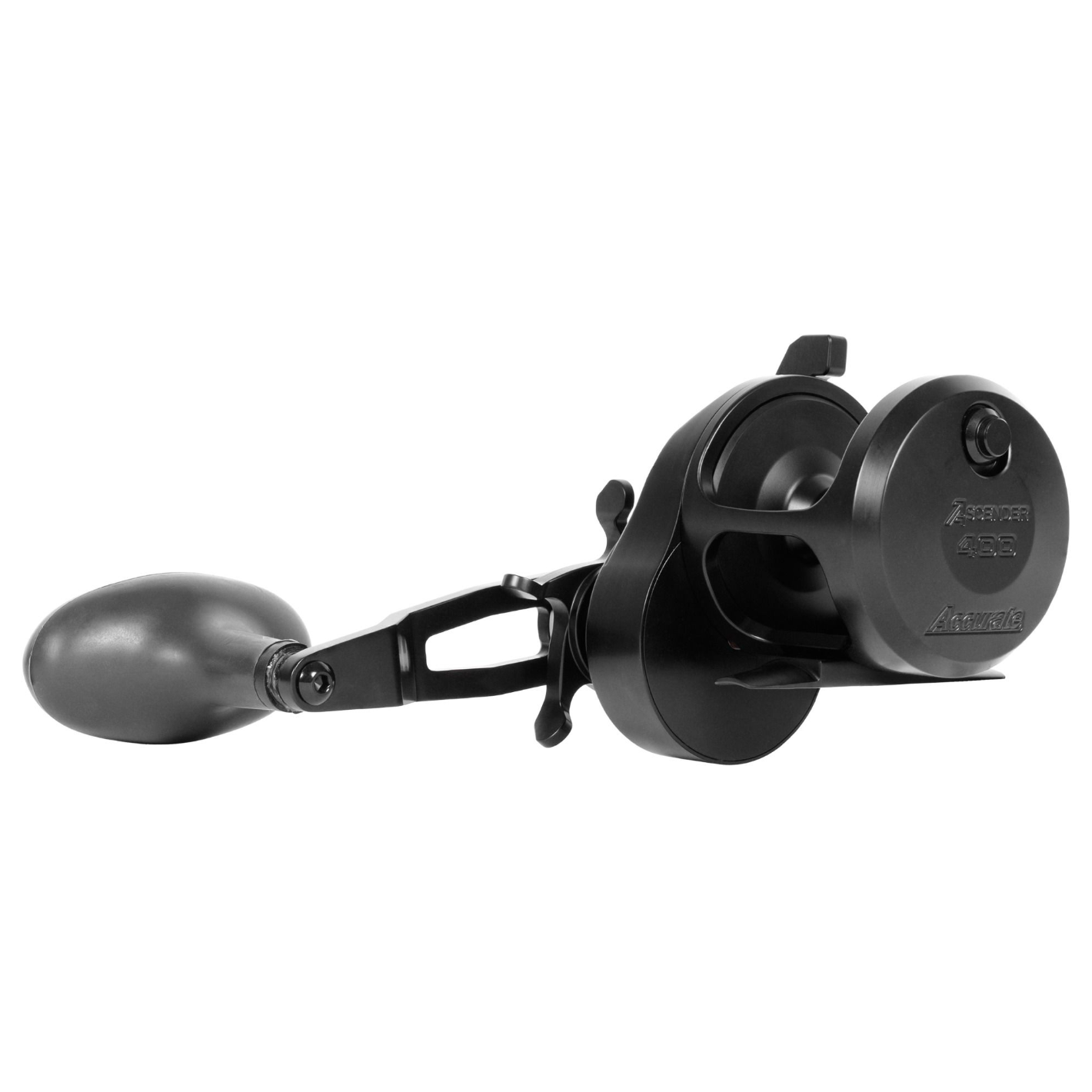 Black fishing reel on a white background