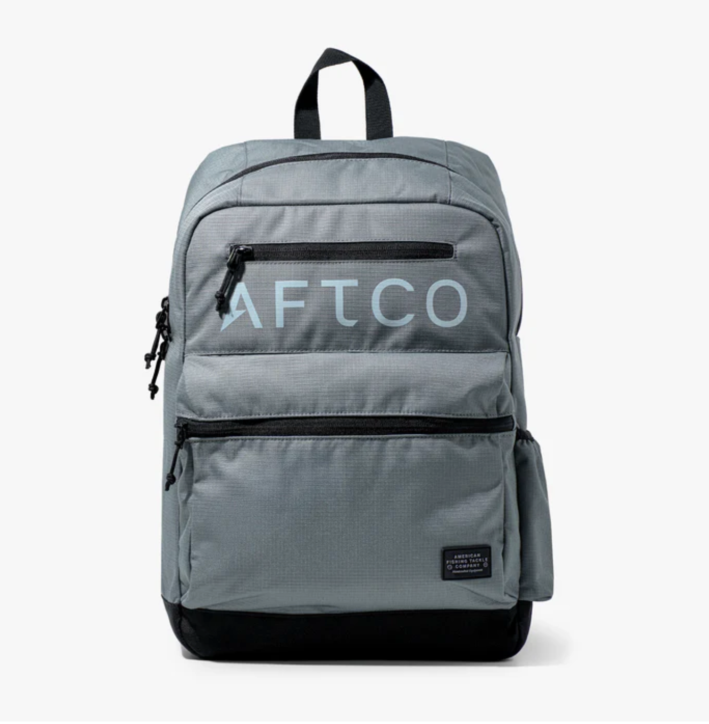 Gray backpack with 'AFTCO' branding on a white background
