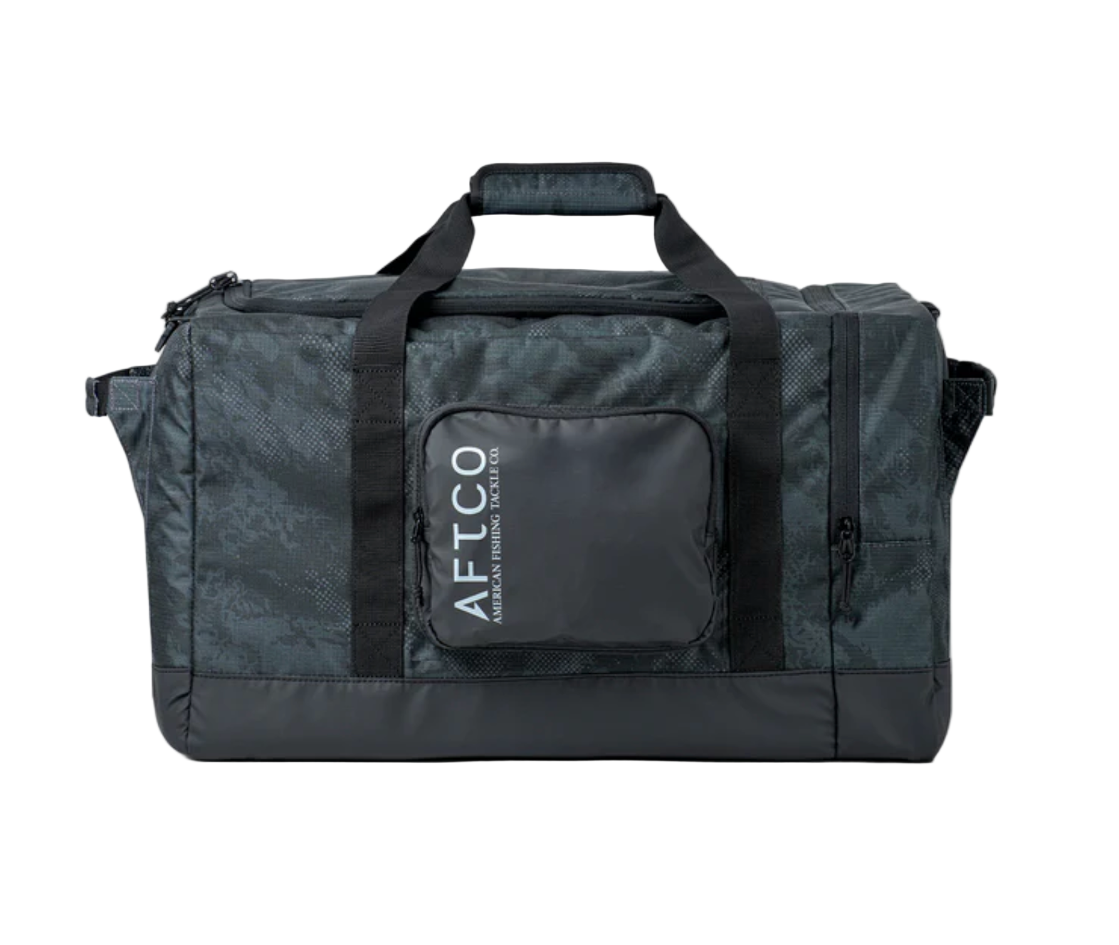 Black duffel bag with 'AFTCO' logo on a white background