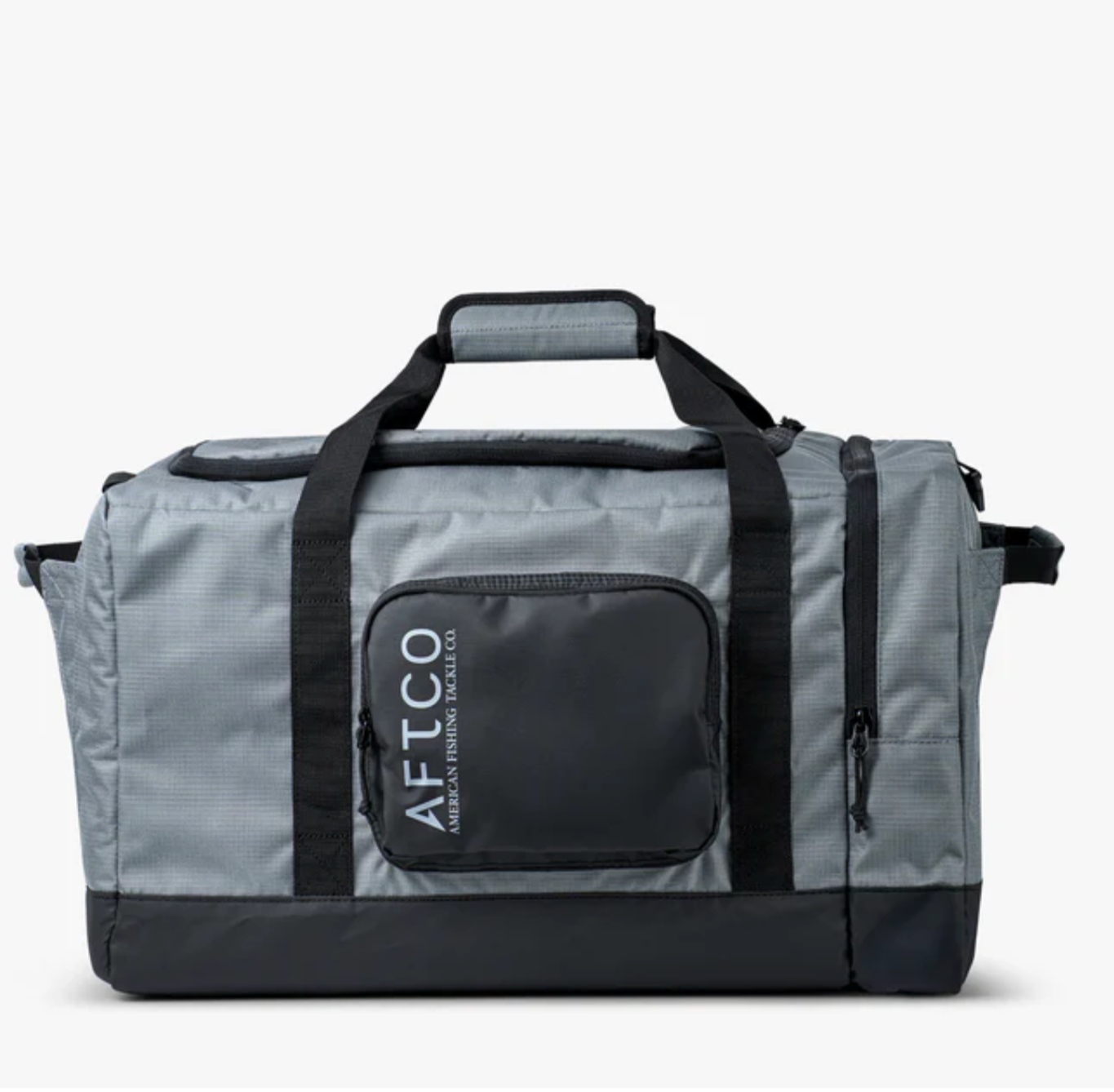 Gray and black duffel bag with AFTCO logo on a white background