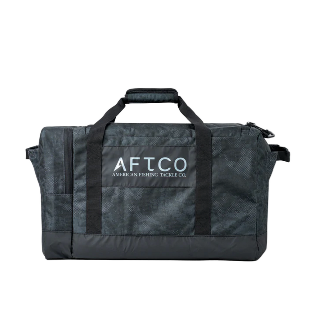 Black duffel bag with 'AFTCO' logo on a white background