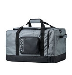 Gray and black duffel bag with AFTCO logo on a white background
