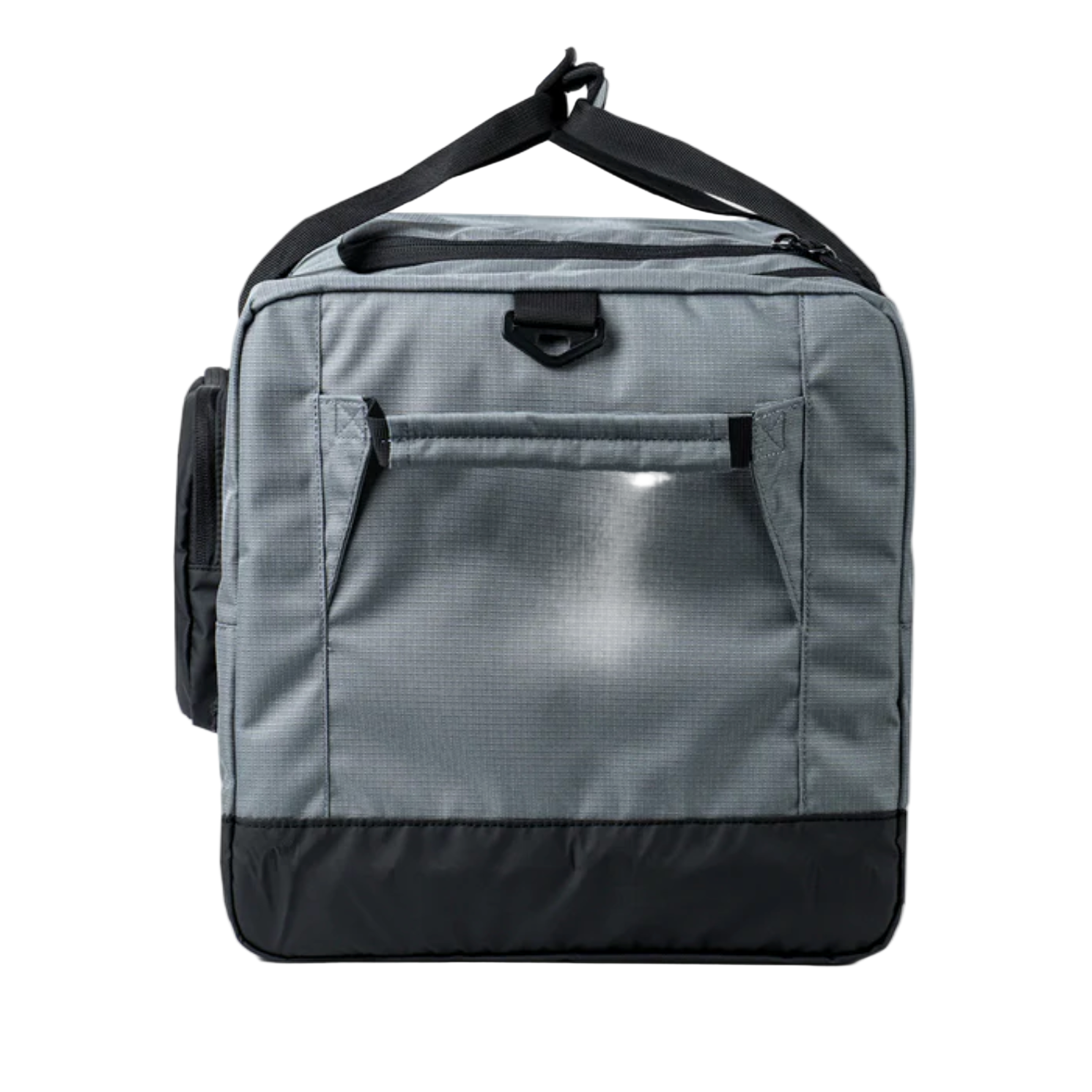Gray and black backpack with a hanger on a white background