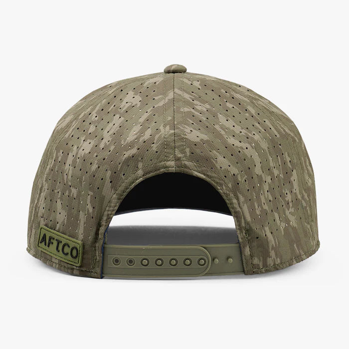 Camouflage baseball cap with AFTCO logo on a white background