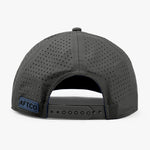 Back view of a gray cap with ventilation holes on a white background