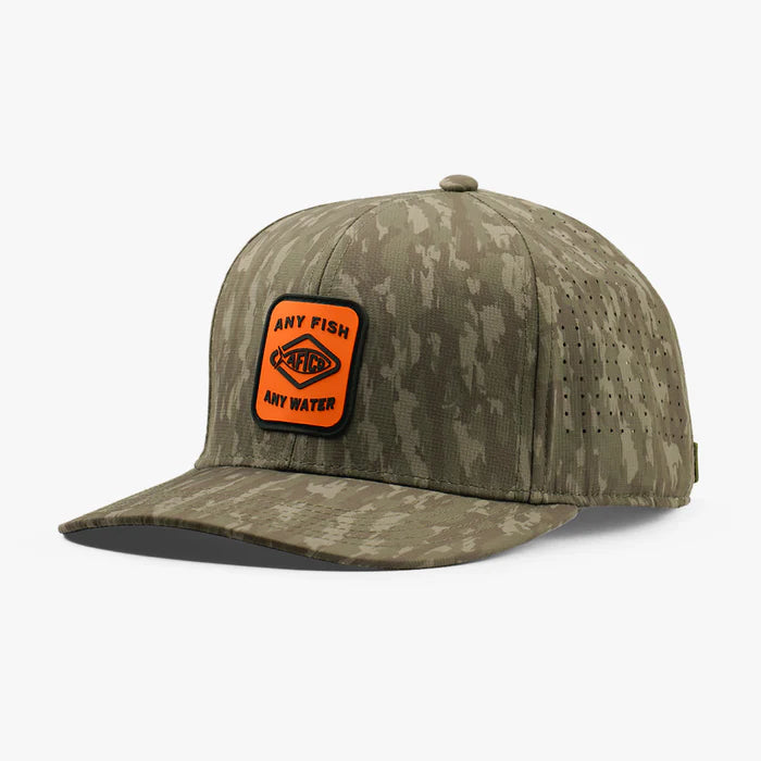 Camouflage baseball cap with an orange patch on a white background