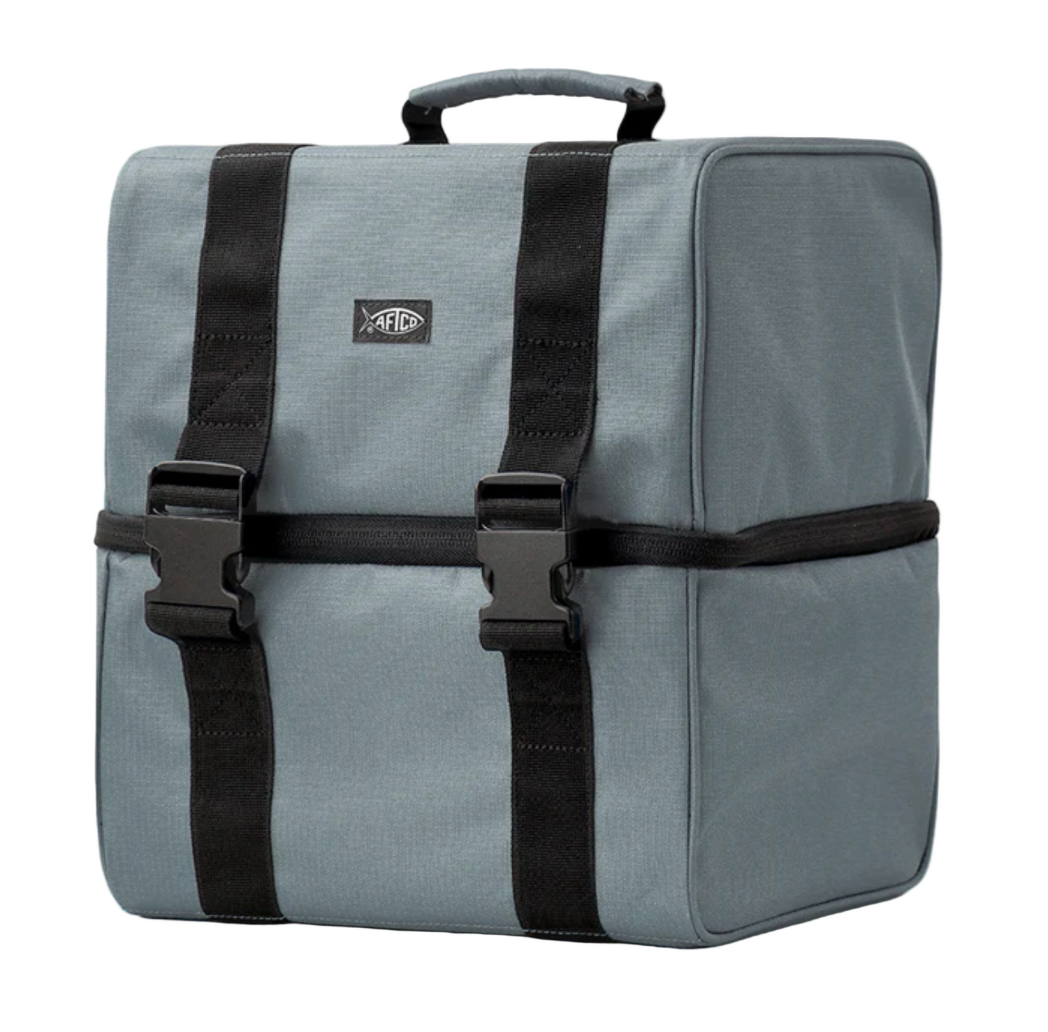 Gray bag with black straps on a white background