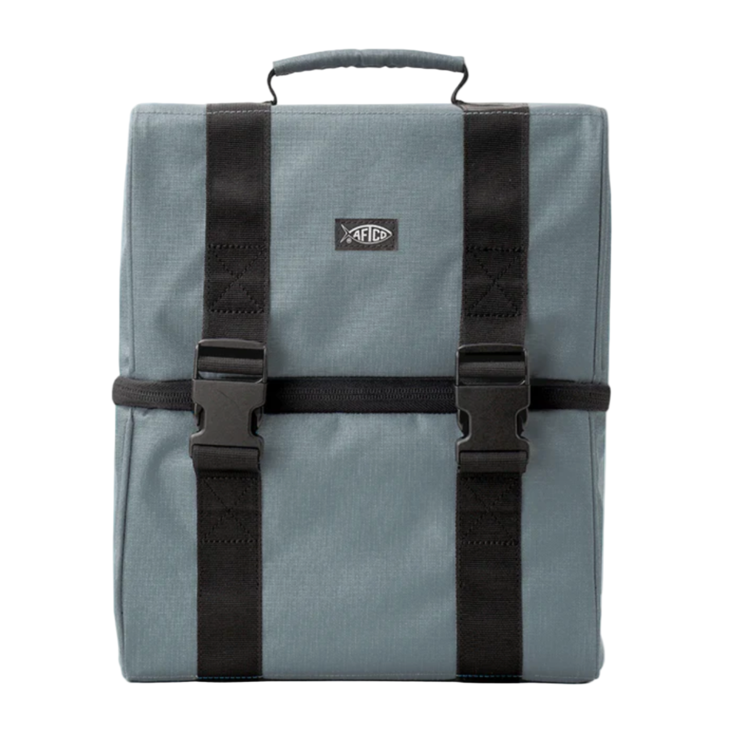 Gray backpack with black straps on a white background