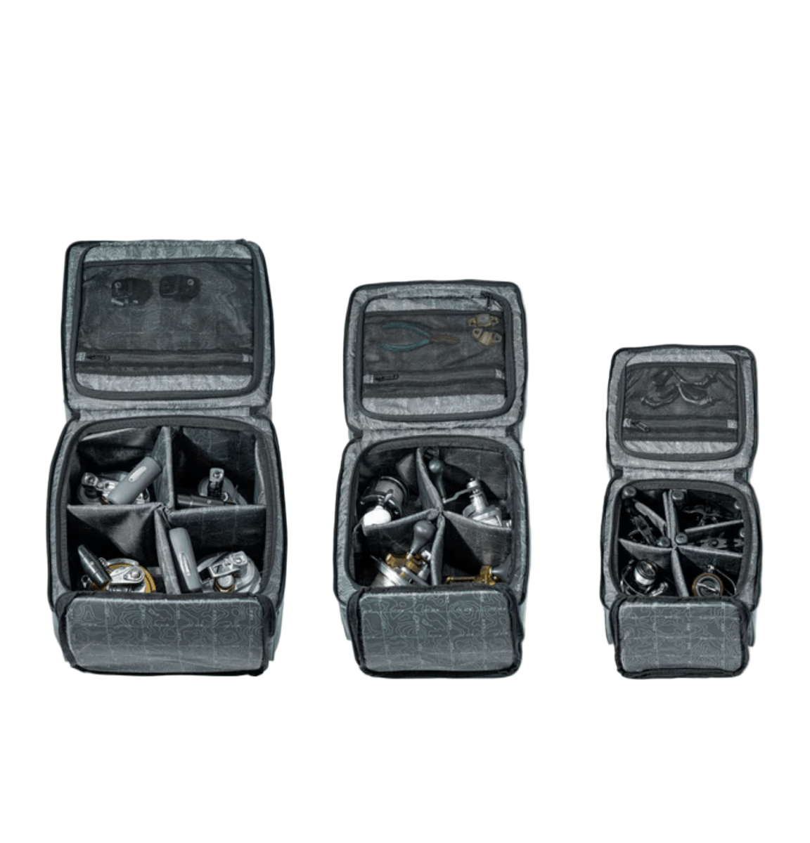 AFTCOAftco Reel Bags Charcoal - Tackle BagsThree sizes of gray travel bags with compartments on a white background