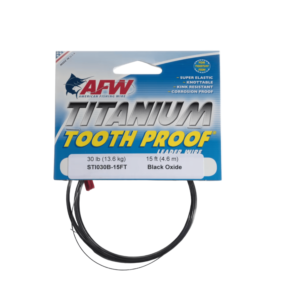 AFWAFW Titanium Tooth Proof Leader Wire Black Oxide - WirePackage of AFW Titanium Tooth Proof fishing wire on a white backgroundSTIO30B - 15FT