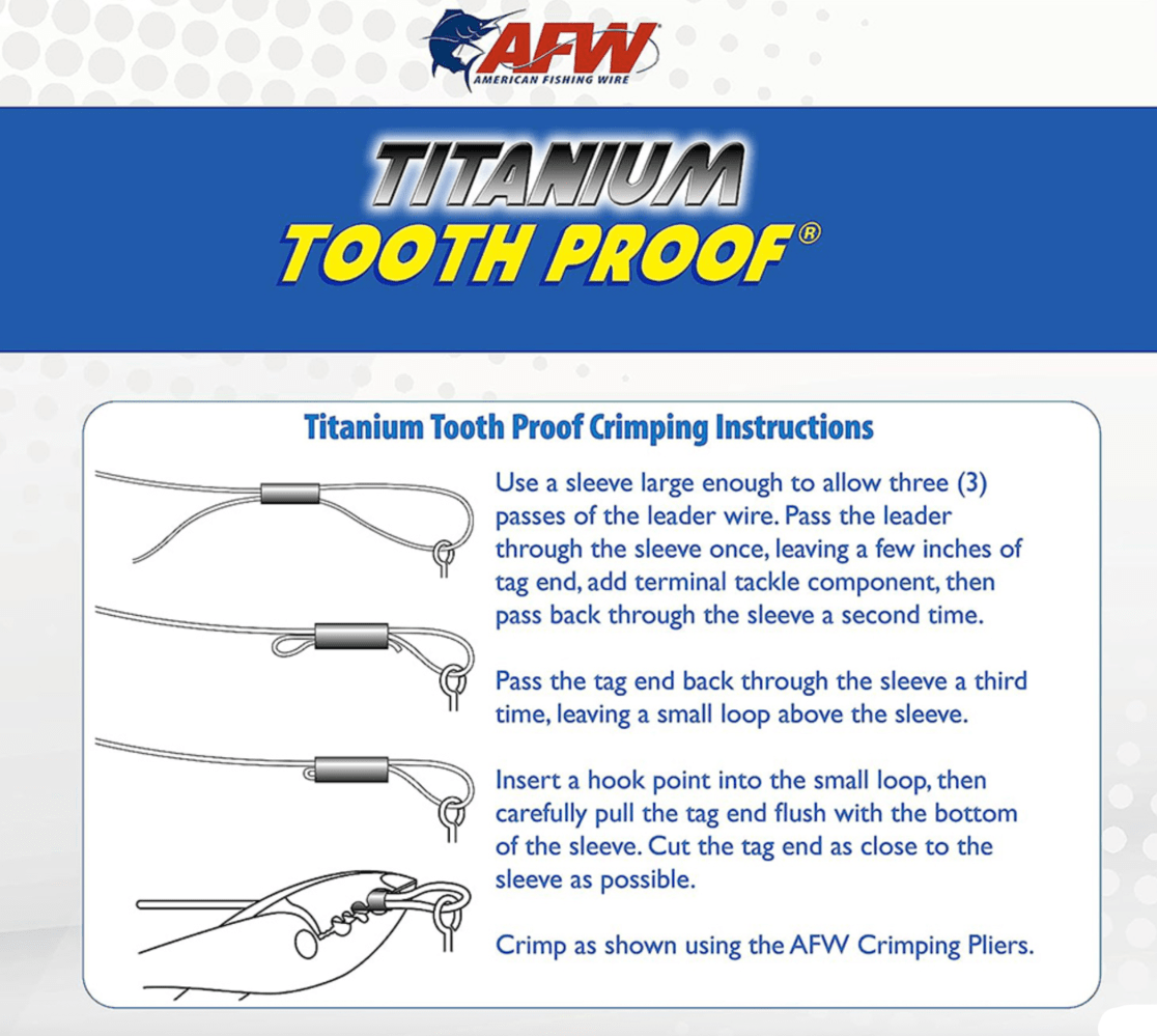 AFWAFW Titanium Tooth Proof Leader Wire Black Oxide - WireFishing line crimping instructions with AFW logo on a white backgroundSTIO30B - 15FT