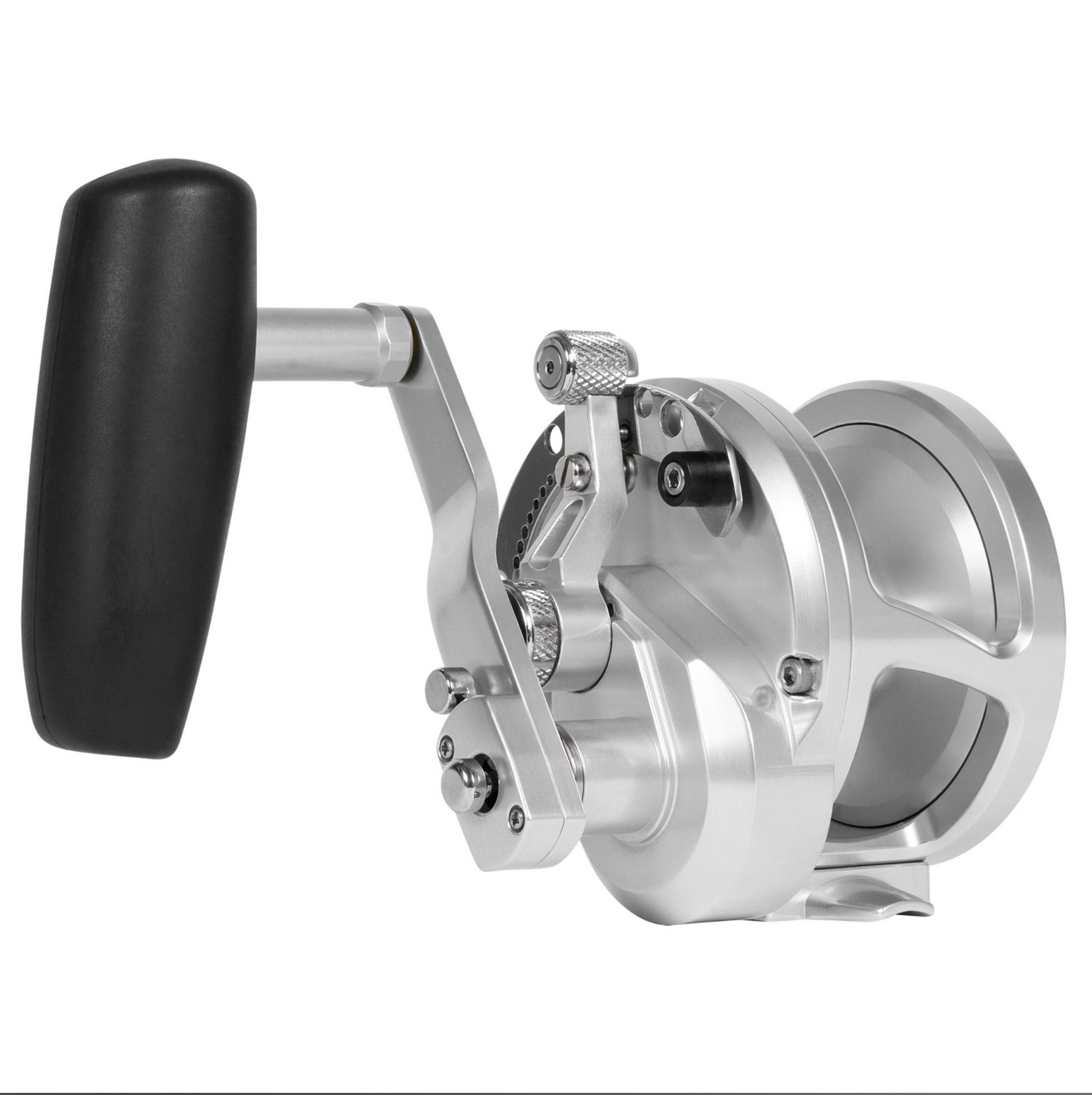 Fishing reel with black handle on a white background