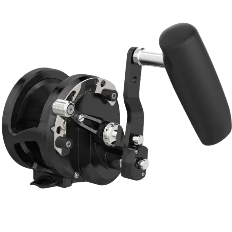 Black fishing reel with a handle on a white background