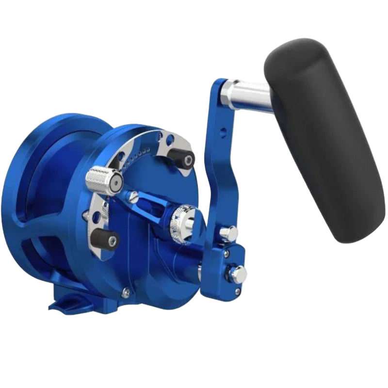 Blue fishing reel with black handle on a white background