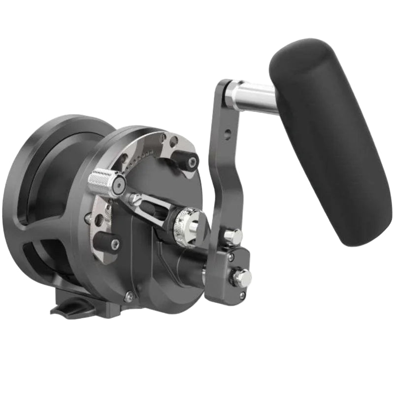 Fishing reel with black handle on a white background