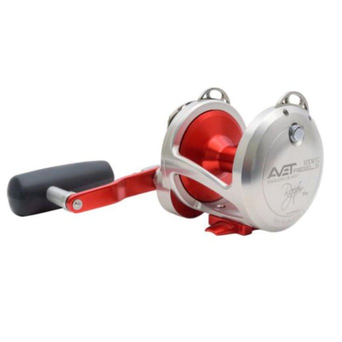 AvetAvet HXW 5/2 Raptor Plus Non - MC 2 Speed Reels - Conventional Lever Drag ReelsRed and silver fishing reel on a white backgroundHXW5/2RAP - PLUS - SIL/RED