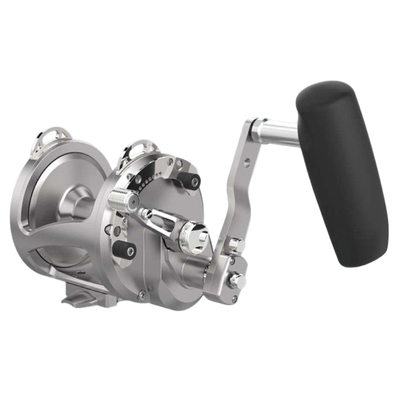 AvetAvet HXW 5/2 Raptor Plus Non - MC 2 Speed Reels - Conventional Lever Drag ReelsMetallic fishing reel with a black handle on a white backgroundHXW5/2RAP - PLUS - SILVER