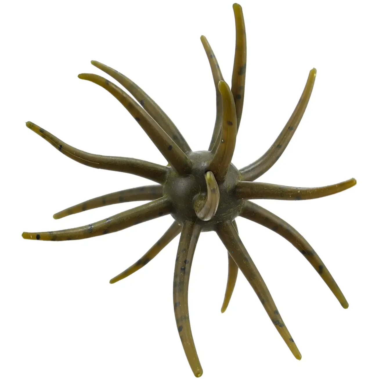 A realistic fishing lure designed to mimic a small sea anemone or starfish, featuring olive green and brown translucent tentacles with dark speckles on a solid white background.