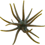A soft plastic fishing lure shaped like a spider, featuring translucent olive-brown legs with fine glitter, isolated on a white background.