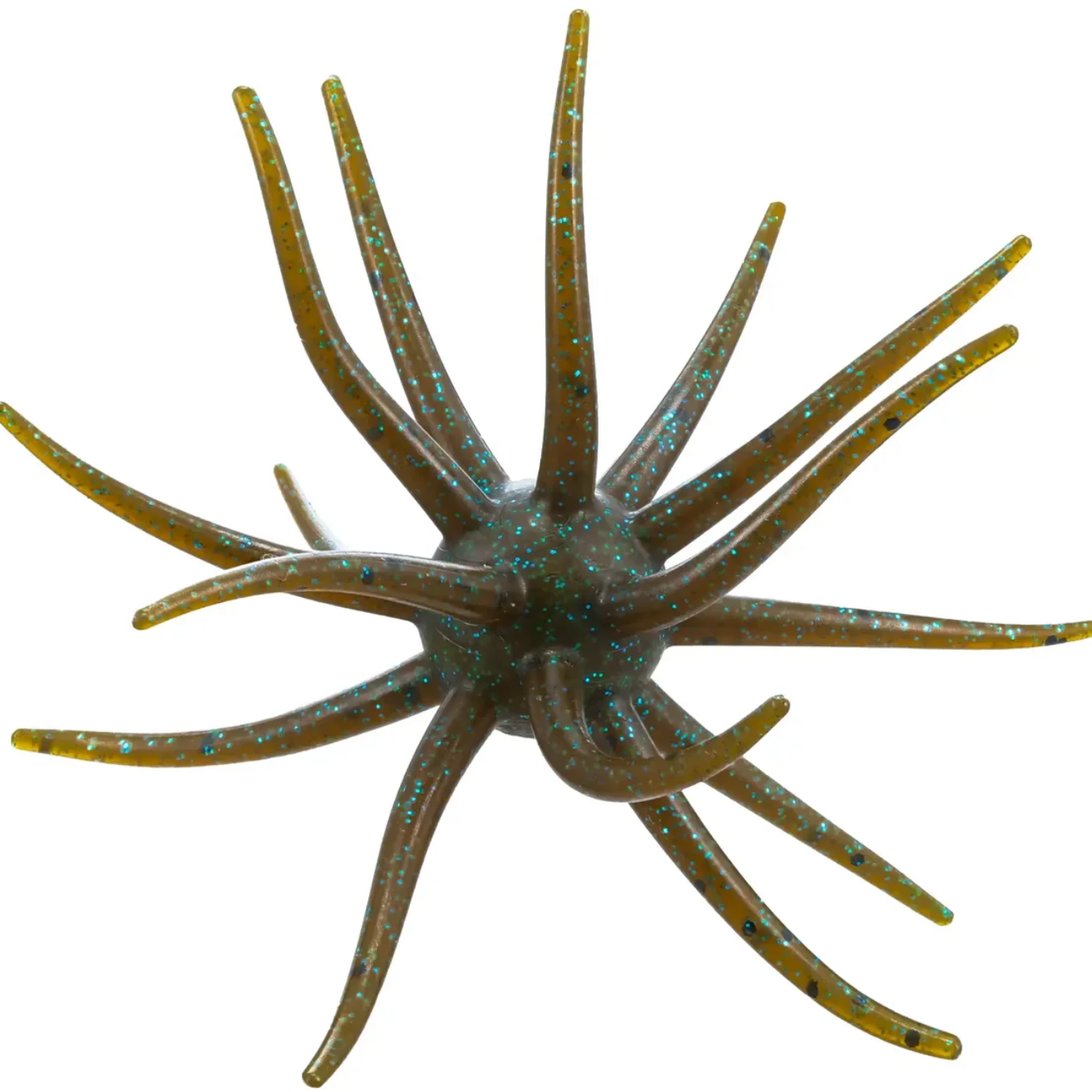 A soft plastic fishing lure shaped like a spider, featuring translucent olive-brown legs with fine glitter, isolated on a white background.