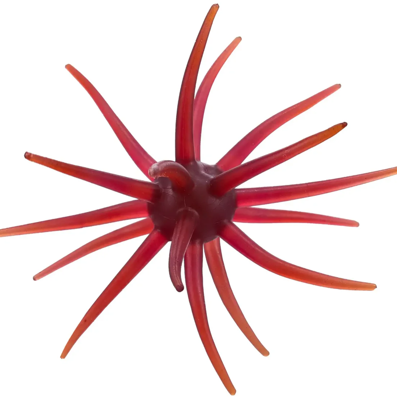 A translucent red plastic toy or accessory with multiple long, thin spiky arms radiating from a central rounded body, shown on a plain white background.