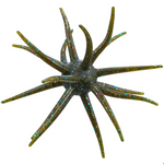 A starfish-shaped fishing lure with olive green translucent bodies and iridescent blue, pink, and gold glitter, isolated on a white background.