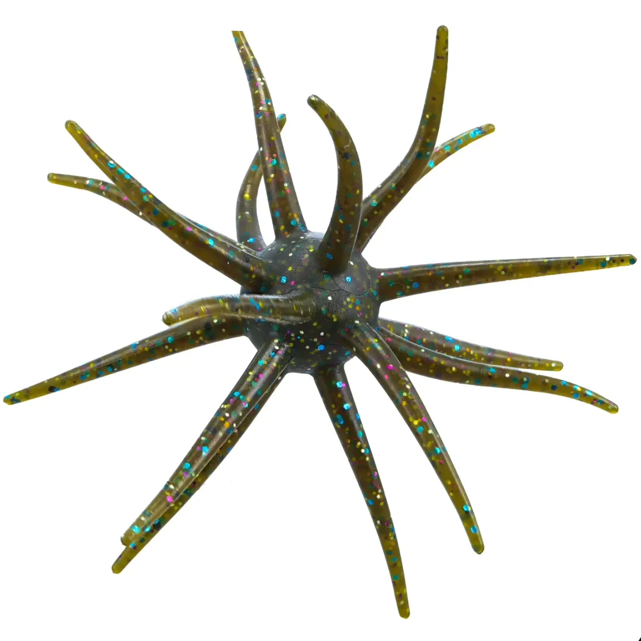 A starfish-shaped fishing lure with olive green translucent bodies and iridescent blue, pink, and gold glitter, isolated on a white background.