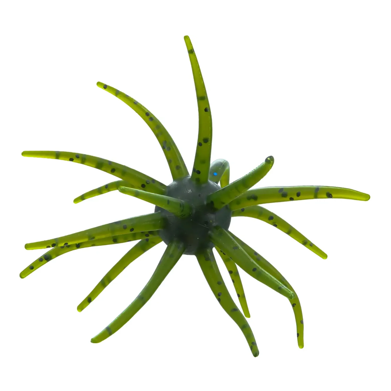 A green artificial fishing lure shaped like a small sea anemone or starburst, photographed on a plain white background.