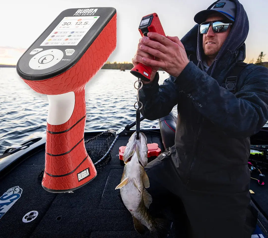 Person on a boat using a bubba fish scale with a fish caught 