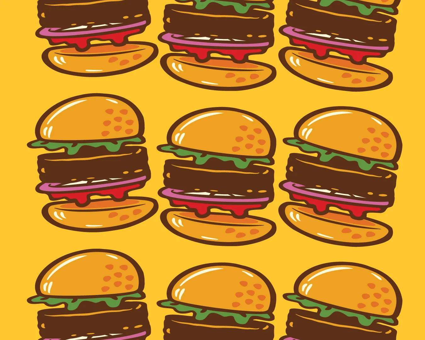 Pattern of hamburgers on a yellow background