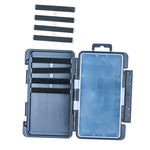 Open blue fishing tackle box with compartments on a white background