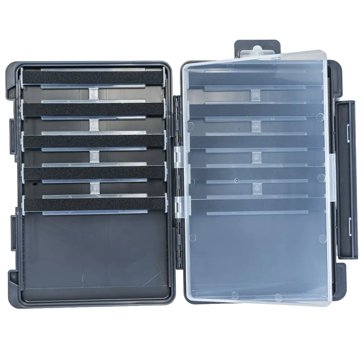 Clear plastic tackle box with multiple compartments on a white background