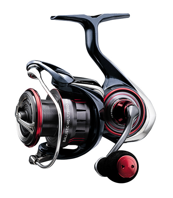 Daiwa ballistic mq fishing reel with black and red design on a white background