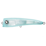 An image of a product daiwa frother popper a translucent light blue fishing lure with the brand name 'Foather' printed on its side. 