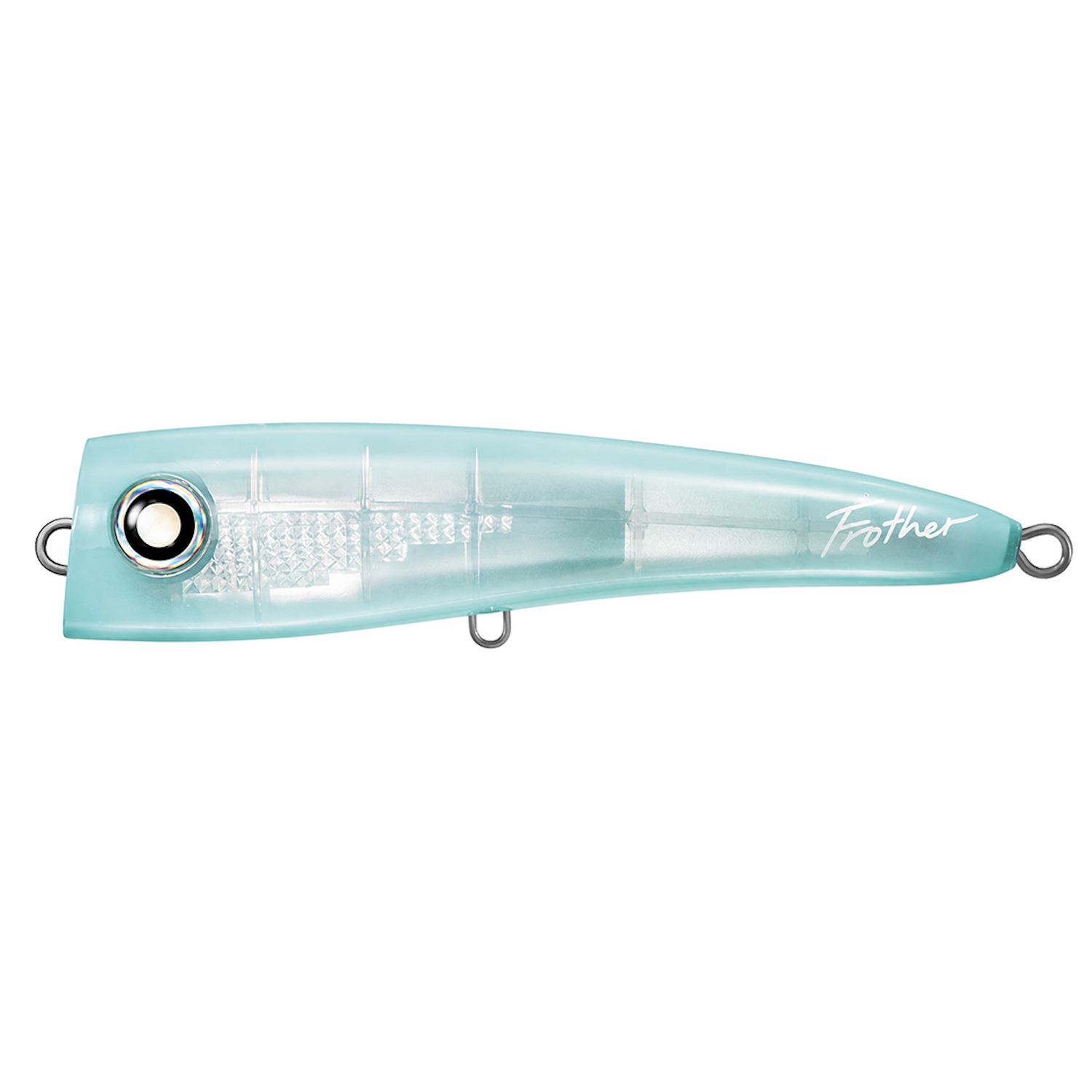 An image of a product daiwa frother popper a translucent light blue fishing lure with the brand name 'Foather' printed on its side. 