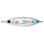 A silver metallic fishing lure with a realistic black eye and small multicolor accents in pink, yellow, and blue, shown against a white background.